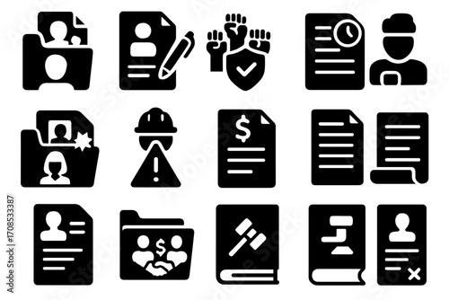 Labor Law Icon Set. Solid style icons of labor and employment law: worker rights file, labor contract icon, union law badge,
