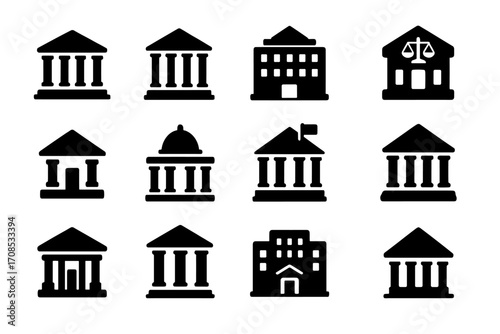 Court Icons Collection. Solid style icons of court buildings: classical courthouse facade, courthouse with pillars, state court