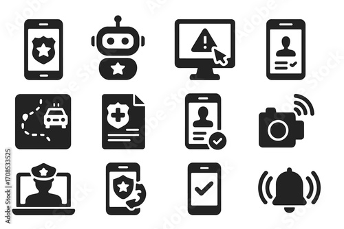 Police Digital Services Icons. Solid style icons of police apps and digital services: mobile app with badge, police chatbot icon,
