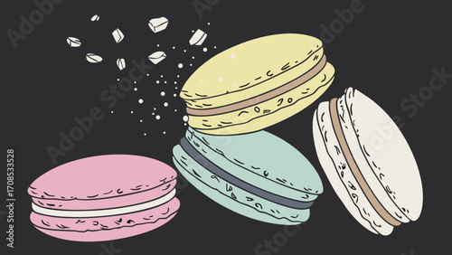 elegant french macarons with scattered crumbs and almond pieces illustration design.