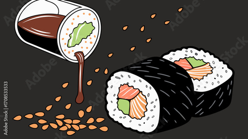fresh sushi rolls with chopsticks and sesame seeds japanese cuisine illustration design.