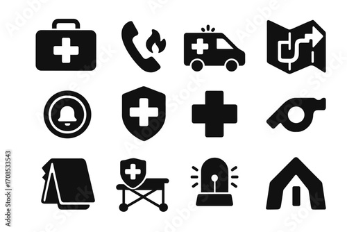 Emergency Safety Icons. Solid style icons of emergency safety: first aid kit, emergency phone, ambulance icon, evacuation map,