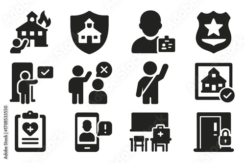 Education Safety Icons. Solid style icons of school and education safety: emergency drill icon, school lockdown shield, ID check
