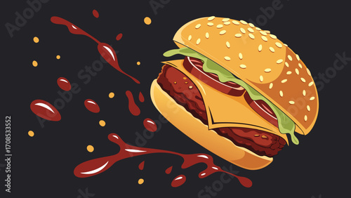 gourmet hamburger with flying ingredients and condiments illustration design 