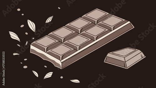 premium dark chocolate bar breaking apart with scattered pieces illustration design.