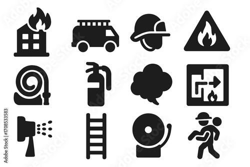 Fire Emergency Icons. Solid style icons of fire emergencies: burning building icon, fire truck, firefighter helmet, flame warning