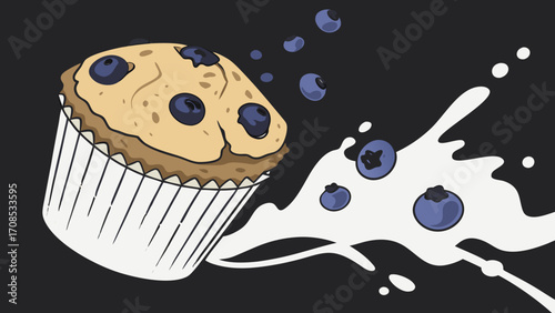  delicious homemade blueberry muffin with fresh milk splash illustration design.
