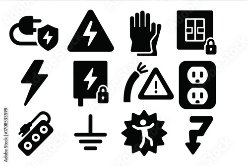 Electrical Safety Icons. Solid style icons of electrical safety: electric plug with shield, voltage warning triangle, insulated
