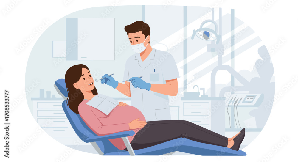 Obraz premium Pregnant woman receiving dental treatment from male dentist in clinic 