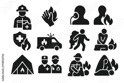 Rescue and Medical Icons. Solid style icons of rescue and medical response: firefighter with first aid kit, burn treatment icon,