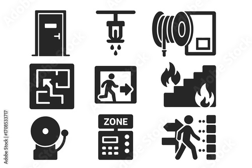 Fire Protection Icons. Solid style icons of building fire protection: fire doors with label, sprinkler network icon, wall-mounted