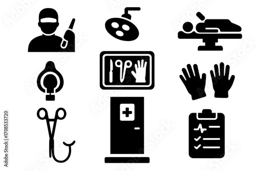 Surgery Icon Set. Solid style icons of surgery and operation: surgeon with scalpel, surgical lights, patient on operating table,