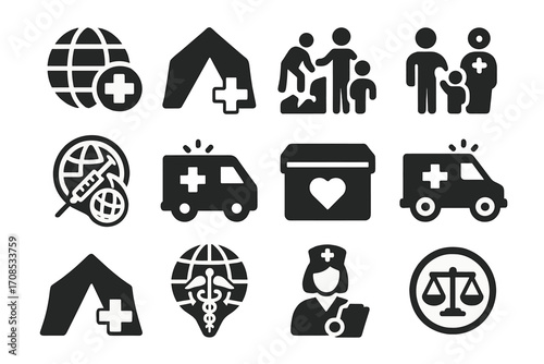 Global Health Icons. Solid style icons of global and humanitarian health: world with cross icon, medical mission tent, disaster