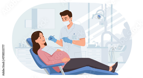 Pregnant woman receiving dental treatment from male dentist in clinic  