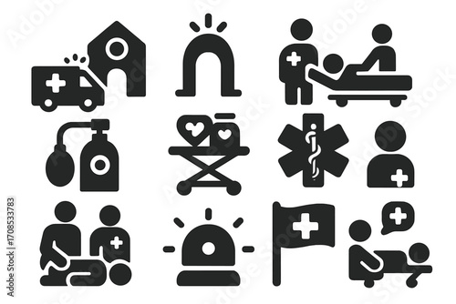Emergency Hospital Icons. Solid style icons of emergency hospital services: ambulance arriving at hospital, emergency entry icon,