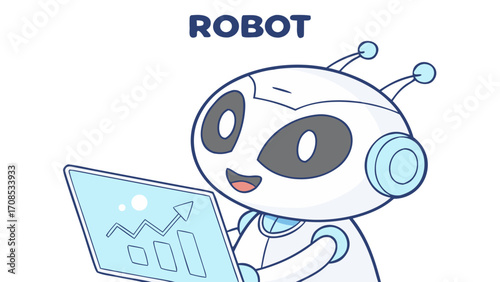 friendly cartoon robot character holding tablet with data charts and analytics isolated on white background.