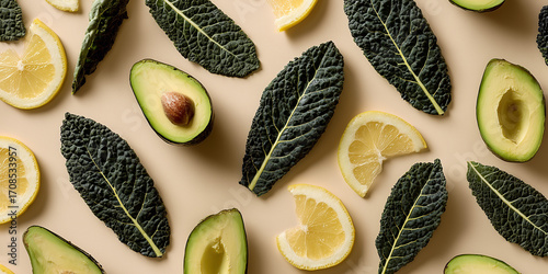 Minimalist Flat Lay of Sliced Avocado and Kale