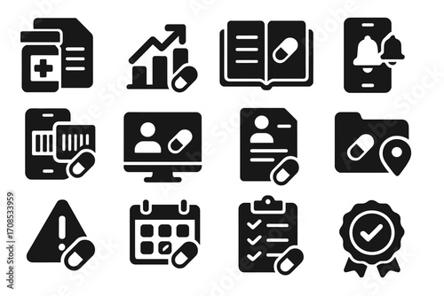 Medical Record Icons. Solid style icons of drug tracking and records: prescription history icon, refill log chart, dosage journal,