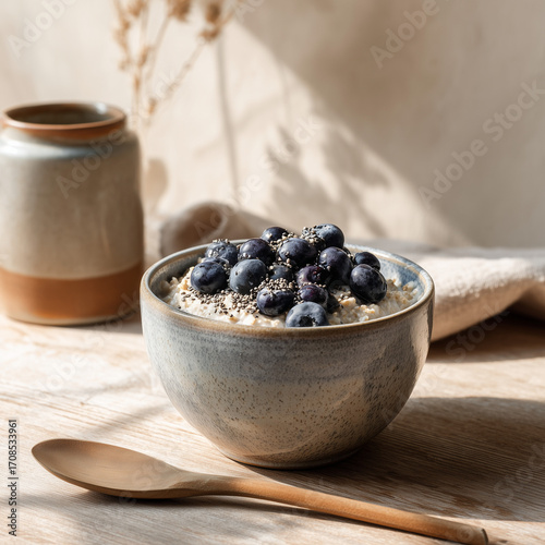 Japandi-Style Breakfast Scene with Oats and Blueberries