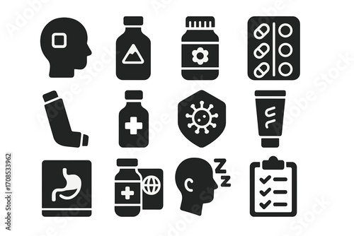 Travel Medication Icons. Solid style icons of travel and seasonal drugs: motion sickness patch, altitude med icon, allergy pill