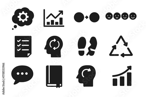 CBT Icons Collection. Solid style icons of cognitive behavioral therapy: thought bubble with gear, behavior chart icon,
