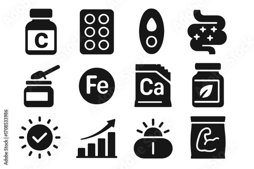 Vitamin Icons Collection. Solid style icons of vitamins and supplements: vitamin C bottle, multivitamin blister pack, omega-3