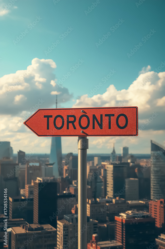 Obraz premium direction arrow on a pole with the inscription Toronto on the background of the city in summer day
