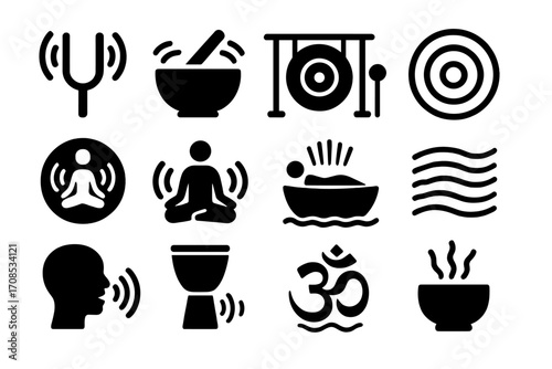 Sound Meditation Icons. Solid style icons of sound and vibration meditation: tuning fork icon, singing bowl sound waves, gong