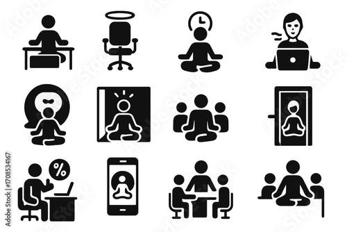 Office Meditation Icons. Solid style icons of corporate and office meditation: person meditating at desk, office chair with halo,