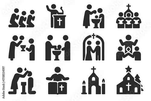 Church Service Icons. Solid style icons of church services and gatherings: congregation in prayer, pastor preaching, choir singing