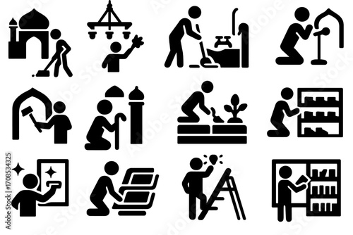 Mosque Maintenance Icons. Solid style icons of mosque maintenance and care: sweeping floor, dusting chandeliers, mopping ablution