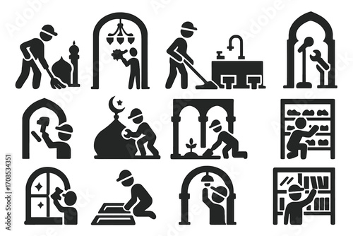 Mosque Maintenance Icons. Solid style icons of mosque maintenance and care: sweeping floor, dusting chandeliers, mopping ablution