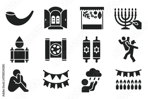 Jewish Holiday Icons. Solid style icons of synagogue during holidays: Rosh Hashanah shofar, Yom Kippur ark open, Sukkot