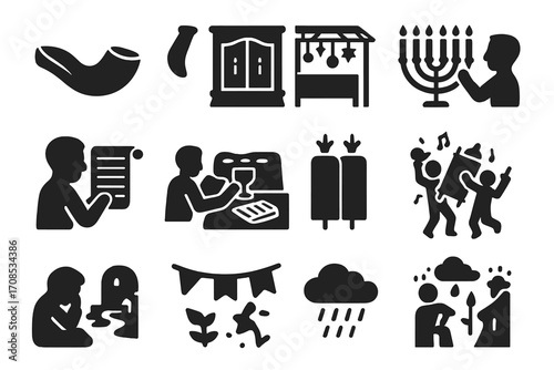 Jewish Holiday Icons. Solid style icons of synagogue during holidays: Rosh Hashanah shofar, Yom Kippur ark open, Sukkot
