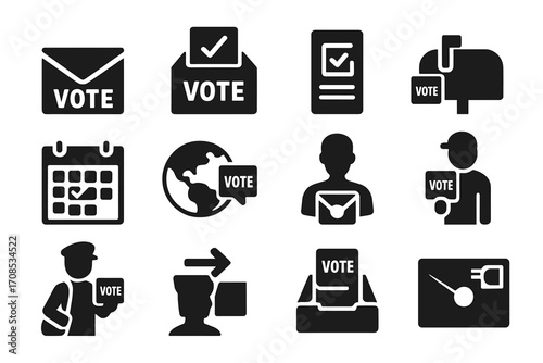 Voting Icons Collection. Solid style icons of early voting and absentee voting: vote by mail envelope, drop box icon, absentee