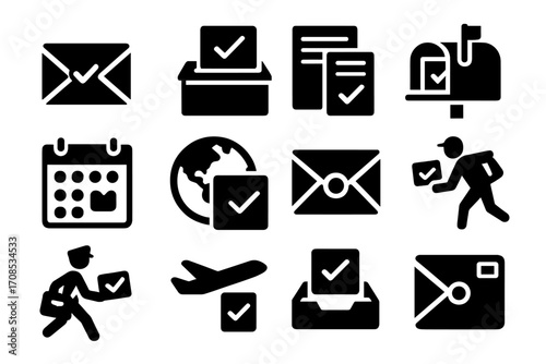 Voting Icons Collection. Solid style icons of early voting and absentee voting: vote by mail envelope, drop box icon, absentee