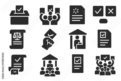 Referendum Icons Collection. Solid style icons of referendum and direct democracy: public ballot box, crowd holding ballots,