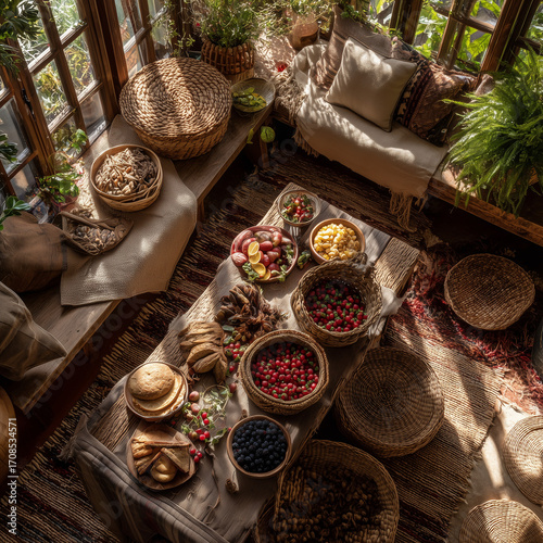 Rustic Farmers Table with Baskets of Fruit and Bread