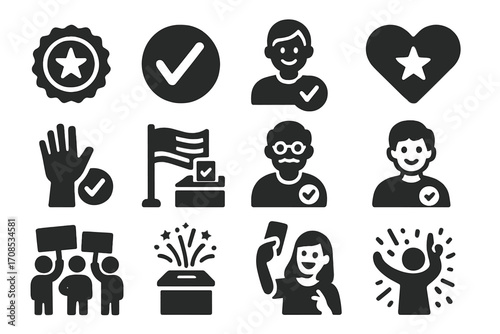 Voting Icons Collection. Solid style icons of civic engagement and voting motivation: voter badge, I voted sticker, smiling voter,
