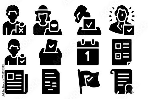 Historical Election Icons. Solid style icons of historical elections and milestones: first democratic vote, women’s suffrage