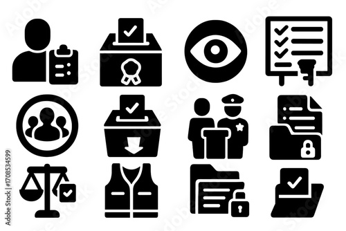 Election Transparency Icons. Solid style icons of election transparency and oversight: observer with clipboard, sealed ballot box,