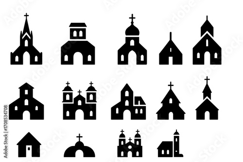 Church Architecture Icons. Solid style icons of churches by architecture: gothic spire, Romanesque arch, baroque dome, modern