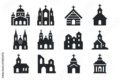 Christian Church Icons. Solid style icons of Christian churches: basilica, cathedral, wooden chapel, country church, gothic