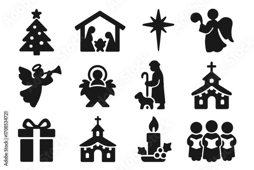 Christmas Icons Collection. Solid style icons of Christmas: decorated tree, nativity scene, star of Bethlehem, angel blowing