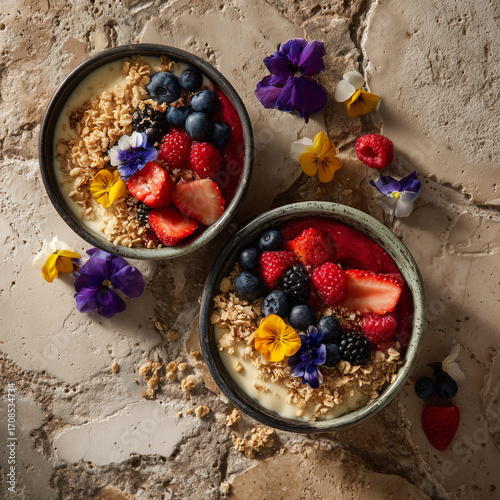 Overhead Shot of Smoothie Bowls with Berries and Grains