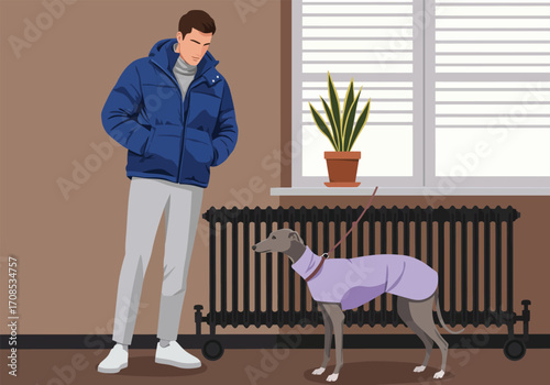A man in a blue jacket stands with his dog by a radiator and window, creating a cozy indoor scene, highlighting companionship and domestic life