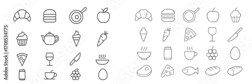 Culinary icons representing food and beverage items in a simple, clean design layout