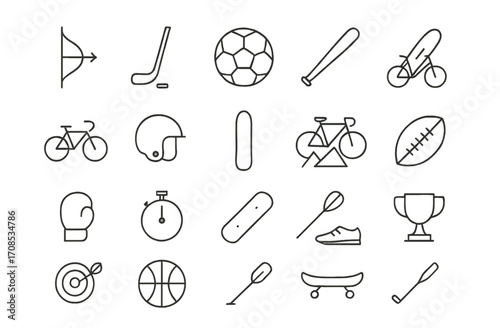 Collection of simple line icons representing various sports equipment and activities in a clean design