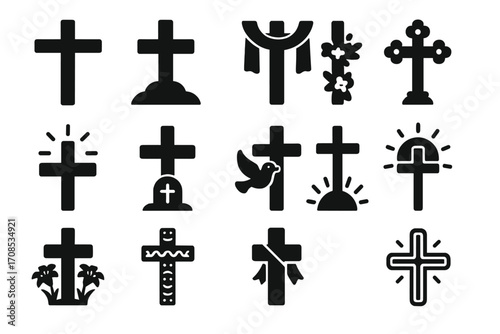 Easter Cross Icons. Solid style icons of Easter cross variations: empty wooden cross, stone cross on hill, cloth-draped cross,