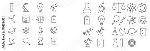 Set of science and technology icons in minimalistic style featuring various tools and symbols